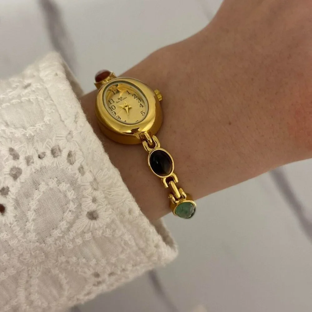 Sku:0463 gold mini‎ watch bracelet with multicoloured natural stones + gift bag